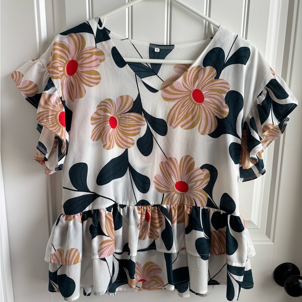 Floral Ruffle Sleeve Top - White and Pink
